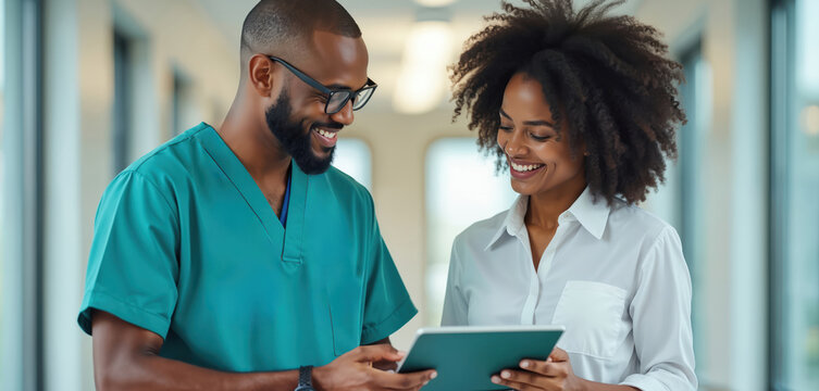 Two medical workers a doctor and a nurse smile while looking at a tablet device in a hospital hallway. They appear to be collaborating on patient care or research.