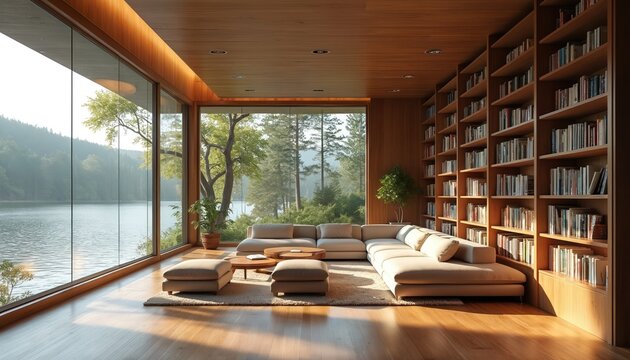 Living space boasts bookshelf wall large windows with lake views. Modern design features wood and minimalist furniture. Bright room invites relaxation contemplation and connection to nature outdoors.