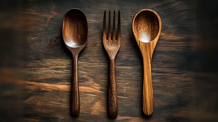 Wooden cutlery set with spoons and fork on dark rustic background with dramatic lighting, showcasing sustainable eco-friendly kitchen utensils for dining and food service.