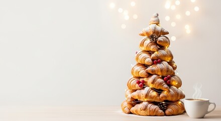 Christmas tree made of fresh baked croissants and cup of coffee nearby. Light festive background with copy space. Holiday banner for bakery and pastry shop. Christmas morning breakfast