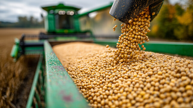 Combine unloads golden soybean harvest in a rural field under cloudy sky
