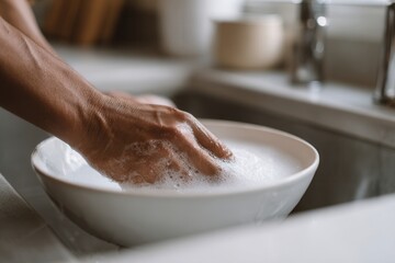 A close-up of a hand submerged in sudsy water while cleaning a white ceramic dish in a sink with natural light coming through a nearby window