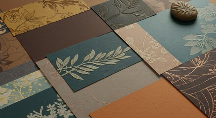 Collection of Textured Paper Samples with Botanical Patterns and Earthy Tones.