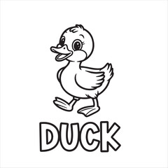 kids’ coloring pages, kids, coloring, pages,, Cartoon duckling is walking above the word DUCK, its outline is black and white