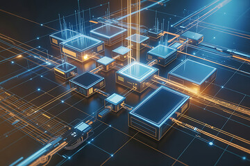 Futuristic data grid with glowing digital nodes, 3D illustration of a digital network system with glowing modules and data lines, representing modern computing, infrastructure, and smart technology.


