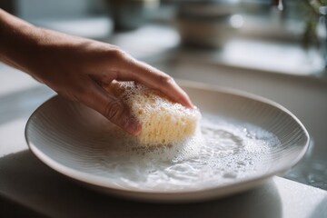 A close-up of a hand scrubbing a white ceramic plate using a yellow sponge filled with foamy soap water under natural lighting in a kitchen sink