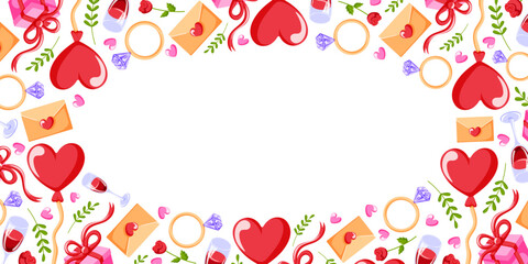 Romantic Valentine day frame with heart, rose, wine glasses, ring gift and love letter in flat style. Design for romantic theme.