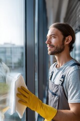 A male professional in overalls and gloves cleans a tall glass window using a cloth with a focused expression and natural light in the background