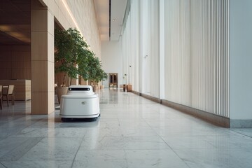 A white robotic cleaning unit is seen moving through a large modern lobby with polished marble floors and tall vertical windows in a corporate environment