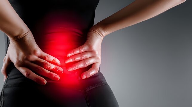 Person suffering from lower back pain with red glowing area indicating inflammation, useful for medical articles on chronic pain conditions.