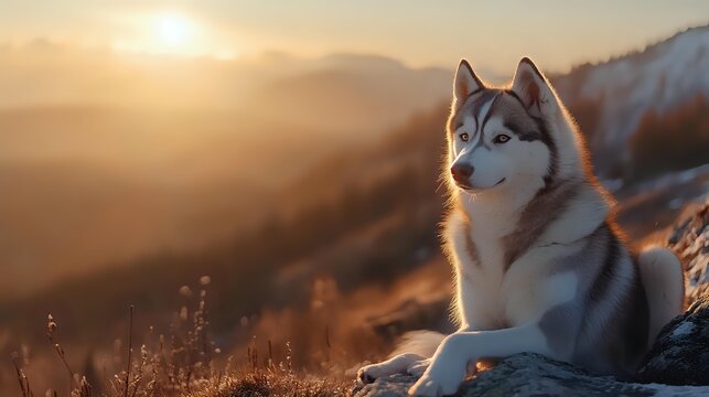 Siberian husky dog sitting on mountain slope at sunset, golden light illuminating fur against backdrop of misty hills. - Powered by Adobe