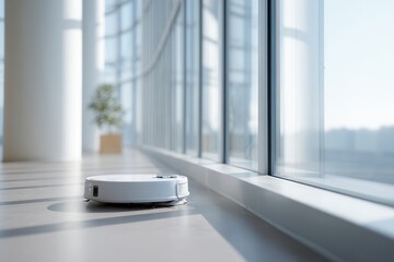 A smart robotic device with a humanoid appearance stands on a windowsill, reflecting in the glass, with potted plant and city view in soft focus