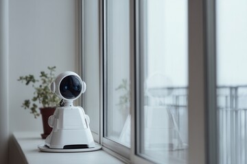 A futuristic smart robot with a rounded head and white body sits on a windowsill facing a large glass surface, reflecting soft daylight from outside