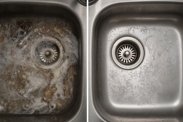 A top-down comparison shows one half of a stainless steel sink filled with greasy soap water and the other side clean and shiny with water droplets