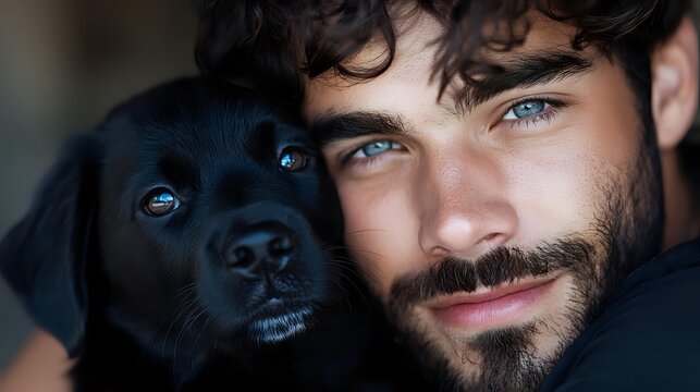 Young man with blue eyes and beard holding black Labrador puppy with blue eyes in close-up portrait showing bond between human and pet.