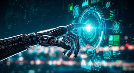 Artificial Intelligence Revolution Robot Hand Interacting with Digital Interface