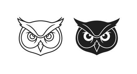 Fototapeta premium Two stylized owl head icons, one in black outline and one in solid black silhouette, isolated on a white background.