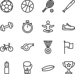 A collection of outline icons representing various sports equipment, activities, and achievements on a white background.