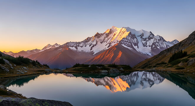Stunning mountain landscape with snow-capped peaks reflecting in tranquil lake at sunset, perfect for travel, adventure, and scenic concepts - Powered by Adobe