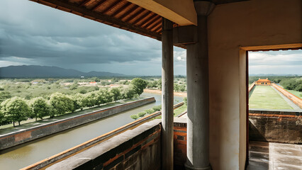 Sweeping vista from a high vantage point overlooking Hue's Imperial City in Vietnam, ancient citadel walls and moats under a stormy sky, balanced composition with the Perfume River curving through, mo