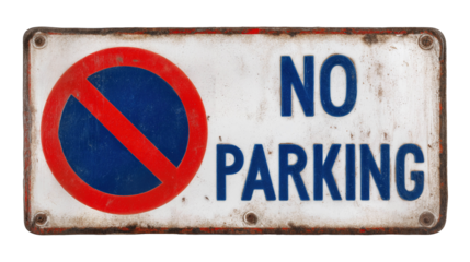 No parking sign with red circle and blue letters, isolated on white background