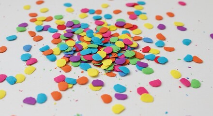 Colorful confetti scattered on a white surface, vibrant and festive.
