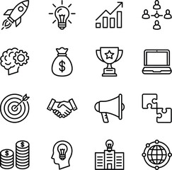 A comprehensive set of line icons representing business, startup, innovation, success, and teamwork concepts.