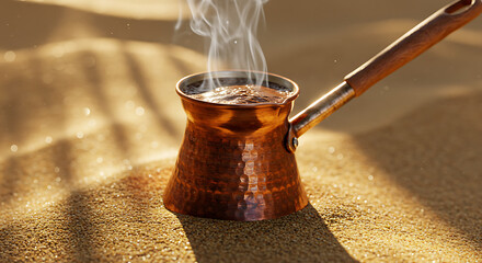 Cezve filled with freshly brewed Turkish coffee sits in warm sand, steam rising, showcasing rich textures and inviting aroma, perfect for coffee lovers and culinary enthusiasts, Turkish hot drink 