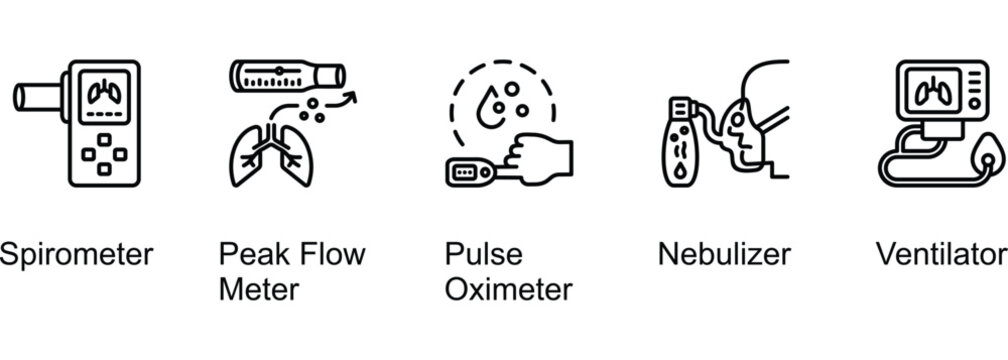 Smart Respiratory Systems banner web icon vector illustration of Spirometer, Peak Flow Meter, Pulse Oximeter, Nebulizer, Ventilator