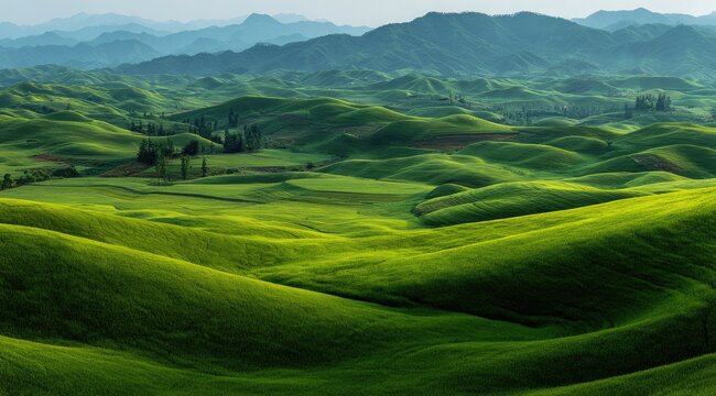 Rolling hills of vibrant green fields, stretching towards a hazy mountain range