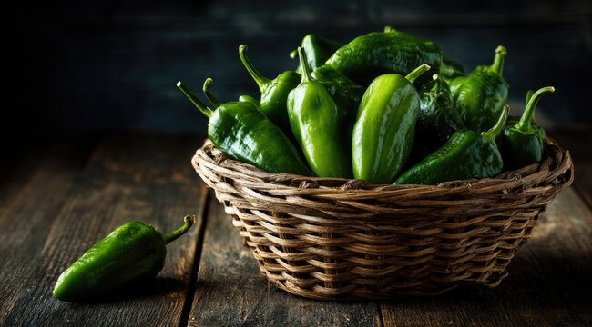 Fresh green peppers in a wicker basket on a dark wooden table