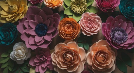 Colorful floral arrangement of various handcrafted flowers.