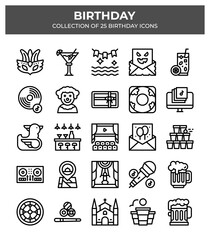25 Birthday Icons. A Collection of Festive and Party Celebration Vector Line Icons