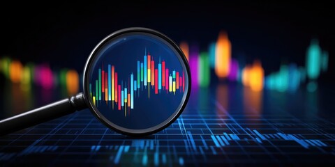 In-depth finance market analysis with magnifying glasses on stock trading investment charts in a dynamic environment