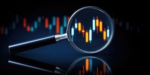 Stock market analysis investment trading insights with chart trends in a dynamic finance environment through a magnifying glass perspective