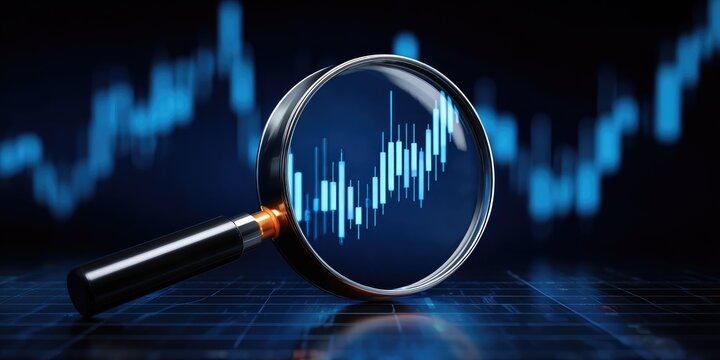 Investment analysis of stock market trends using magnifying glasses for in-depth chart insights in finance trading environment