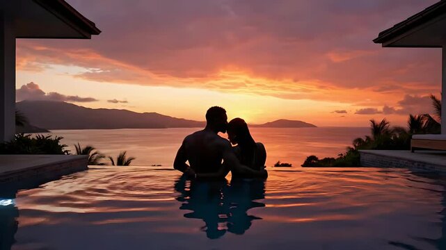 Romantic Couple Watching a Tropical Sunset from an Infinity Pool