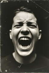 Blurry, black and white portrait of a screaming man