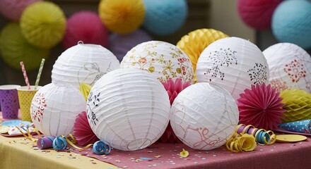 Colorful Paper Lanterns and Decorations Adorn a Festive Party Table.