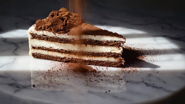 Decadent Chocolate Cake Slice | Mid-Air Shavings | Elegant Sunlit Marble

