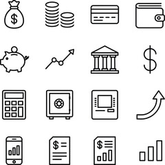 A comprehensive collection of outline icons representing various financial concepts, banking services, and money-related objects, including savings, investments, and transactions.