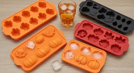Colorful silicone ice cube trays with various shapes and ice.