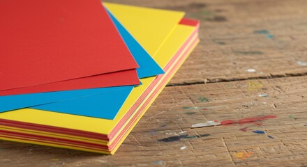 Colorful Stack of Paper Sheets on Wooden Surface.