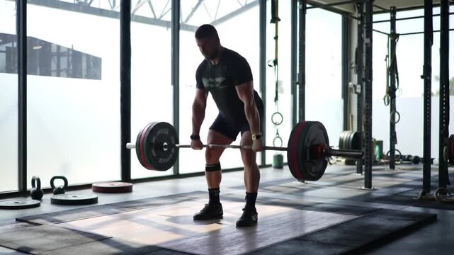 Muscular male athlete lifting a heavy barbell during a deadlift exercise in a fitness center.