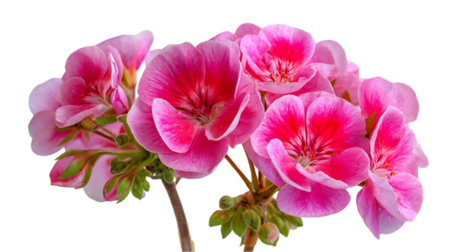 A cluster of vibrant pink geranium flowers with green buds, isolated on a transparent background