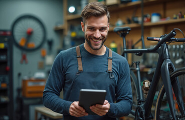 Happy bike mechanic with digital tablet in workshop. Smiling man in apron stands near bicycle. Craftsman manages small business using gadget for repair service. Young pro works in garage with tools,
