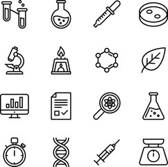 A collection of black and white line icons representing various scientific instruments, laboratory equipment, and concepts related to research and experimentation.