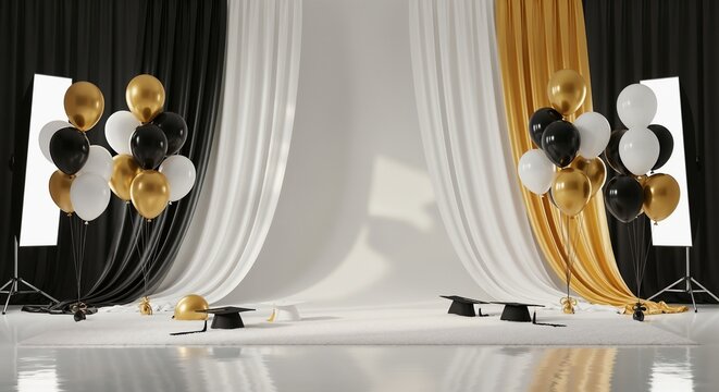 Two elegant gold and black balloon arrangements framing graduation caps on reflective floor with white draped fabric backdrop
