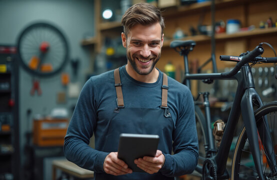 Happy bike mechanic with digital tablet in workshop. Smiling man in apron stands near bicycle. Craftsman manages small business using gadget for repair service. Young pro works in garage with tools,