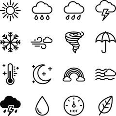 A collection of black and white line art icons depicting various weather conditions, natural phenomena, and atmospheric elements.